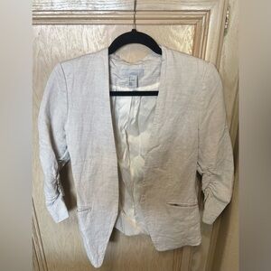 H&M Blazer‎ Womens Beige Oatmeal 3/4 Scrunched Sleeve Linen Blend Blazer Jacket